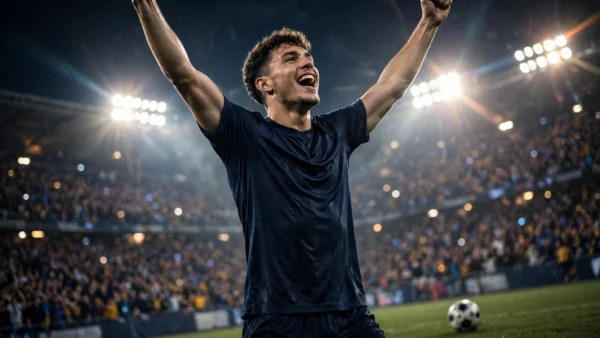 A young US men's national team player celebrating a goal under night stadium lights at Energizer Park in St. Louis