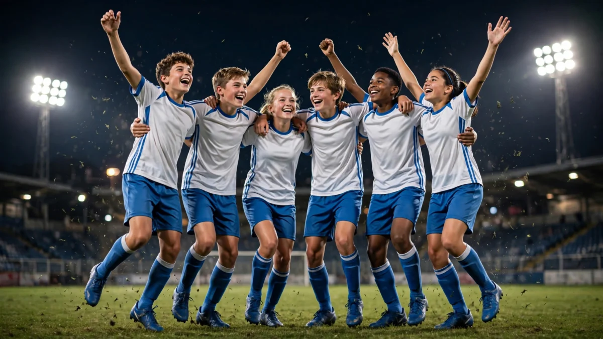 Young soccer players celebrating a goal together on the pitch at night