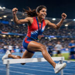 Indian hurdler Vithya Ramraj clearing a hurdle on a blue track in a packed night stadium