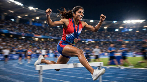 Indian hurdler Vithya Ramraj clearing a hurdle on a blue track in a packed night stadium