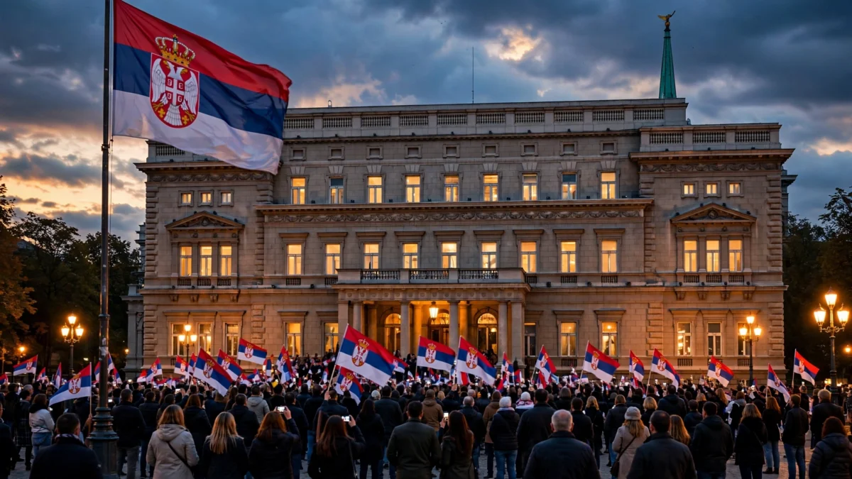 Supporters wave Serbian flags outside the presidential palace in Belgrade