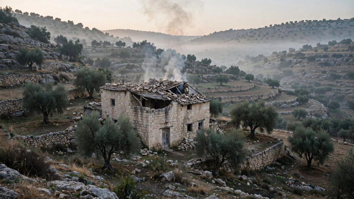 A damaged stone house with smoke rising from its roof in the West Bank village of Jalud after an attack by Israeli settlers.
