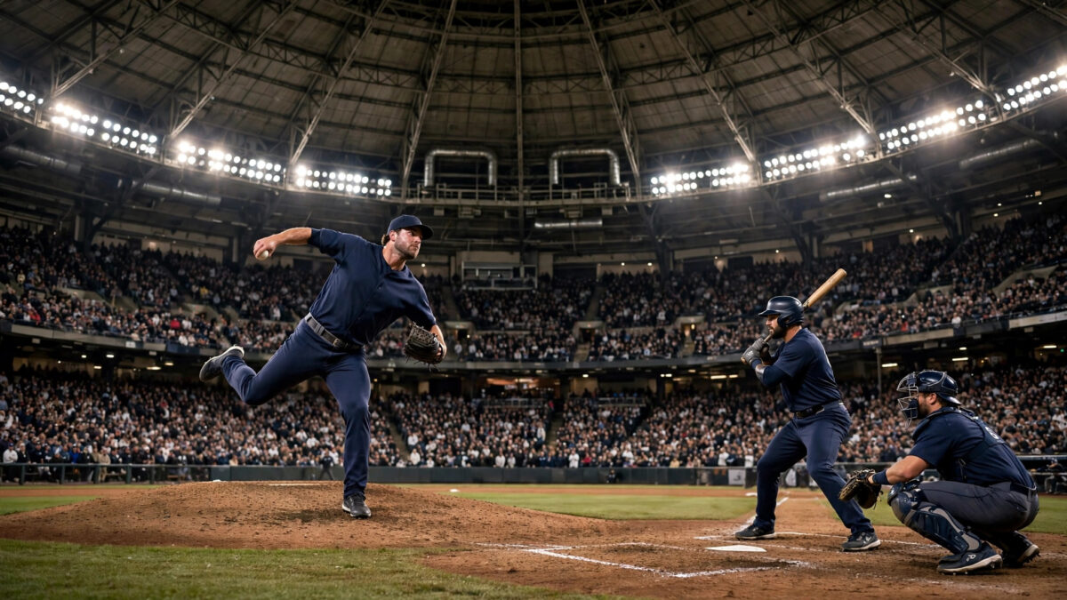 Night MLB playoff game: a left-handed pitcher delivers on the mound in a packed domed stadium.
