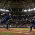 Night MLB playoff game: a left-handed pitcher delivers on the mound in a packed domed stadium.
