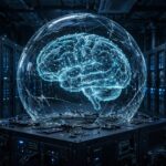 Glowing neural-network brain inside a cracked glass containment dome over a dark AI server room, symbolising OpenAI's safety pause.
