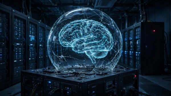 Glowing neural-network brain inside a cracked glass containment dome over a dark AI server room, symbolising OpenAI's safety pause.