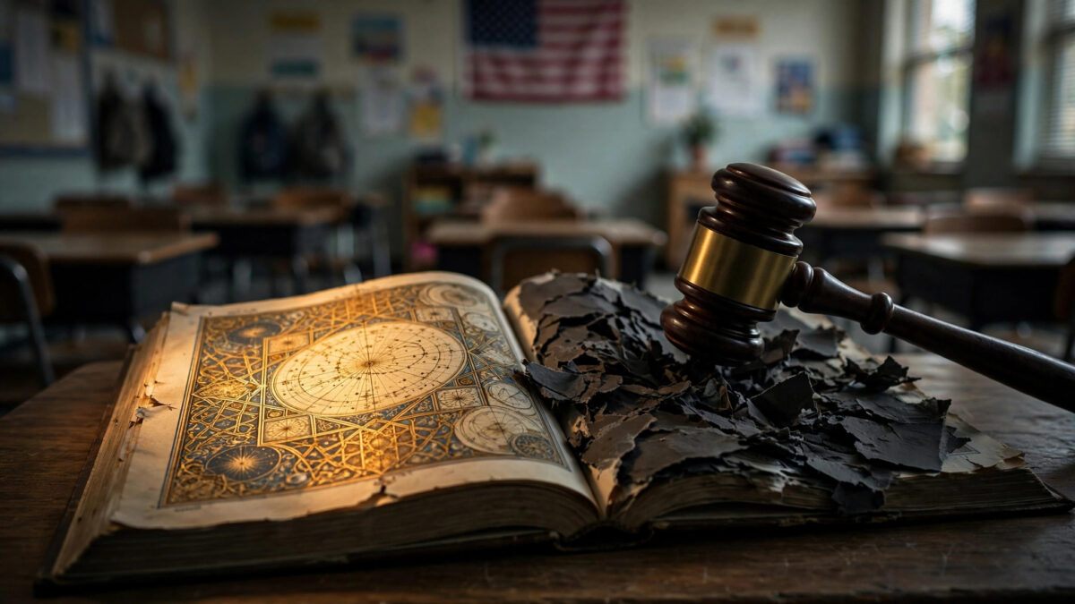 A gavel strikes a school textbook whose illuminated pages of Islamic astronomy heritage are being torn apart, in a Texas classroom