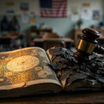 A gavel strikes a school textbook whose illuminated pages of Islamic astronomy heritage are being torn apart, in a Texas classroom