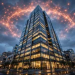 San Francisco skyscraper at dusk with glowing orange neural-network nodes in the sky — editorial illustration of an AI company's IPO