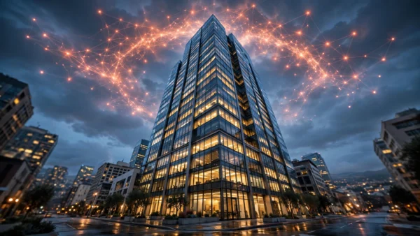 San Francisco skyscraper at dusk with glowing orange neural-network nodes in the sky — editorial illustration of an AI company's IPO