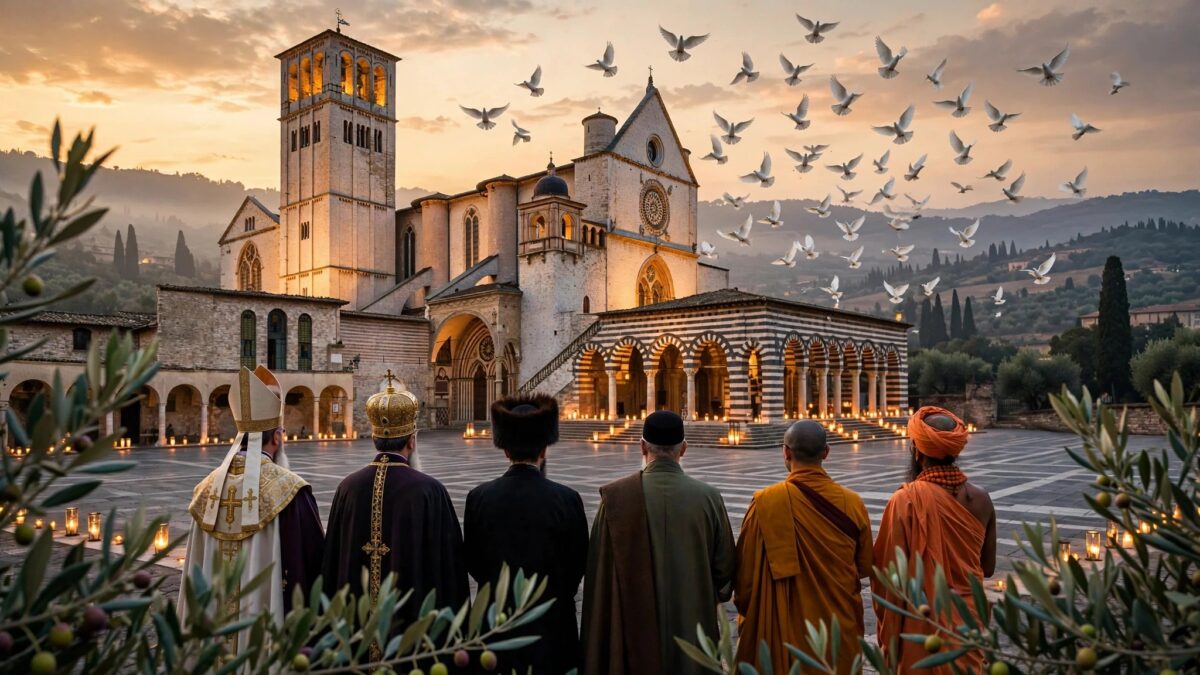 The Basilica of St. Francis in Assisi at dusk, with white doves rising over the square and religious leaders of different faiths standing together before the basilica