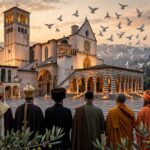 The Basilica of St. Francis in Assisi at dusk, with white doves rising over the square and religious leaders of different faiths standing together before the basilica