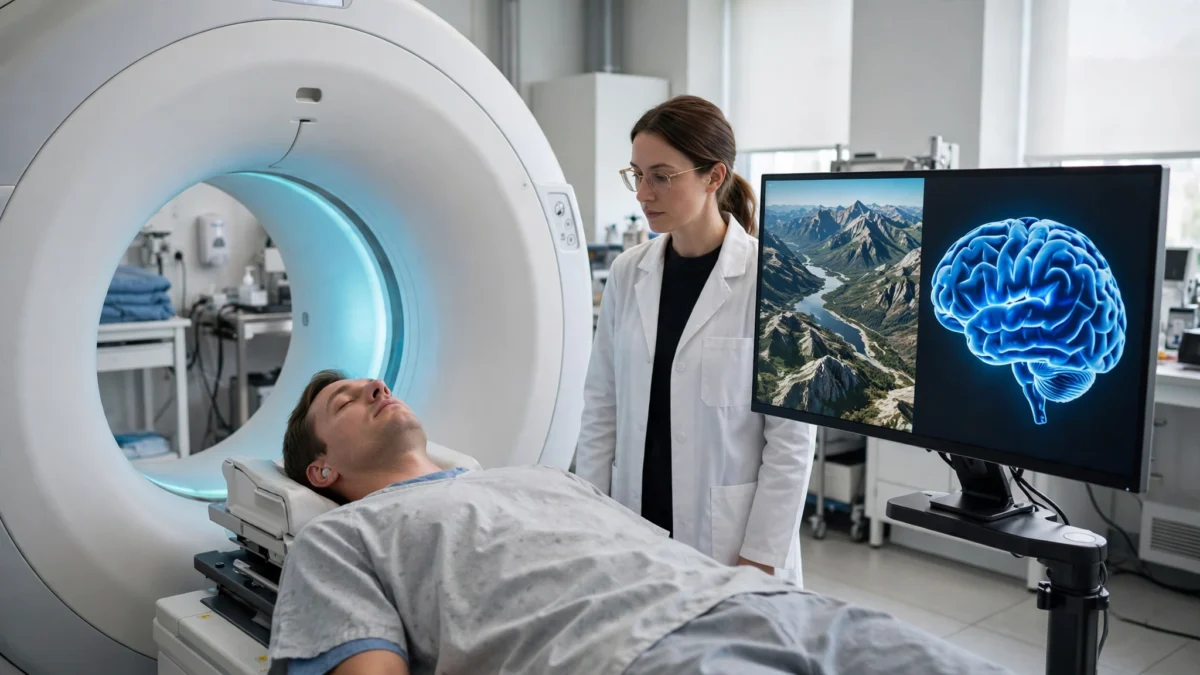 A patient lying inside an fMRI brain scanner while a scientist reviews a monitor showing a reconstructed mountain image alongside a glowing brain-activity map.