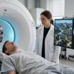 A patient lying inside an fMRI brain scanner while a scientist reviews a monitor showing a reconstructed mountain image alongside a glowing brain-activity map.