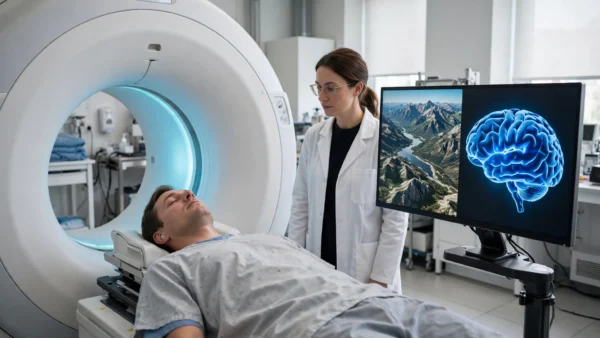 A patient lying inside an fMRI brain scanner while a scientist reviews a monitor showing a reconstructed mountain image alongside a glowing brain-activity map.