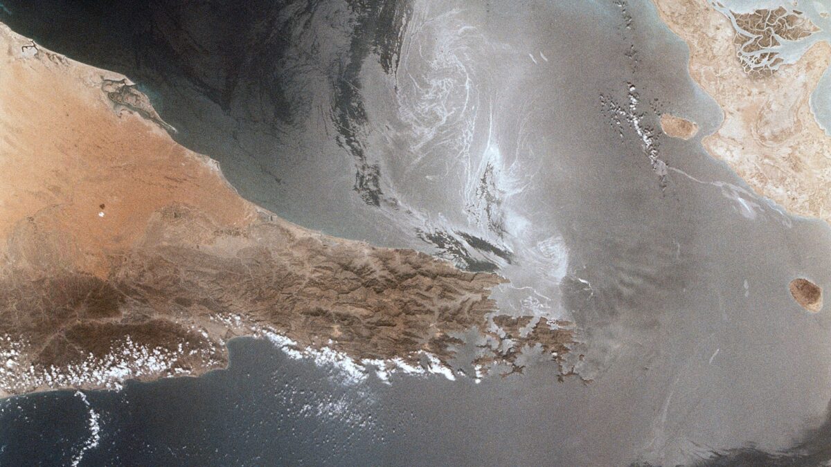NASA satellite view of the Strait of Hormuz between Iran and the Arabian Peninsula.