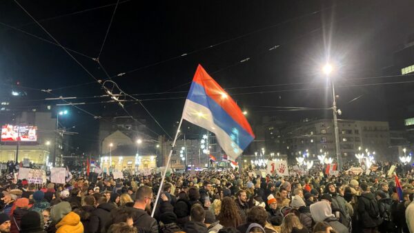 Crowds of protesters fill Slavija Square in Belgrade during the student-led anti-corruption protests, December 2024 — the movement that won Serbia's 25 October 2026 election.