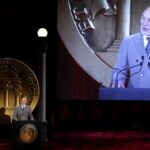Sir Patrick Stewart speaking at a podium at the 71st Annual Peabody Awards luncheon in New York. File photo, 21 May 2012.