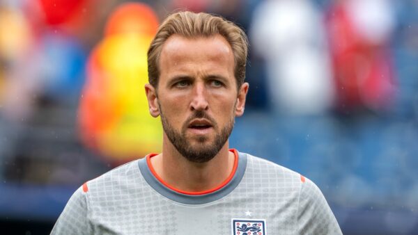 Harry Kane in an England shirt during the 2026 FIFA World Cup match against Ghana in Foxborough, Massachusetts.