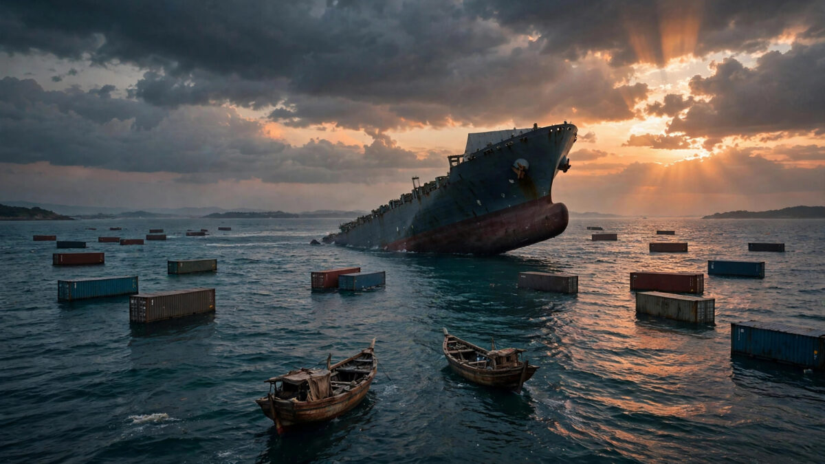 A container ship sinking in the Strait of Hormuz at dusk, shipping containers floating in the sea around it, small boats approaching — an editorial illustration of the GFS Pride sinking.