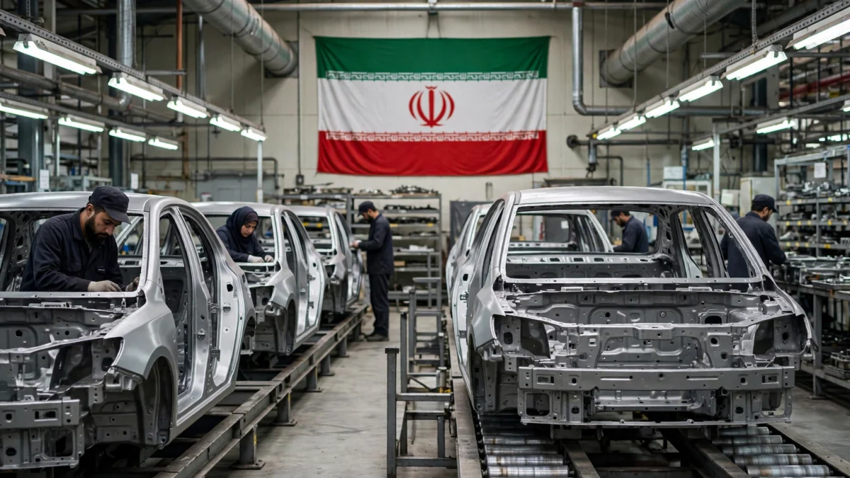 Iranian automobile assembly plant with unfinished car bodies on a production line under a large Iranian flag