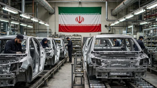 Iranian automobile assembly plant with unfinished car bodies on a production line under a large Iranian flag