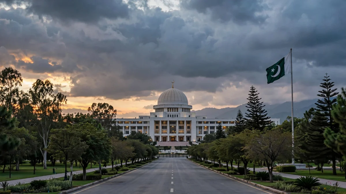 The domed Parliament House of Pakistan in Islamabad at dusk with the Pakistani national flag flying on a tall pole, under dramatic clouds