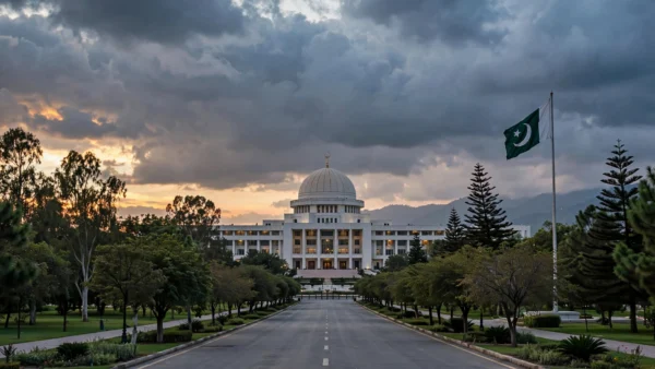 The domed Parliament House of Pakistan in Islamabad at dusk with the Pakistani national flag flying on a tall pole, under dramatic clouds