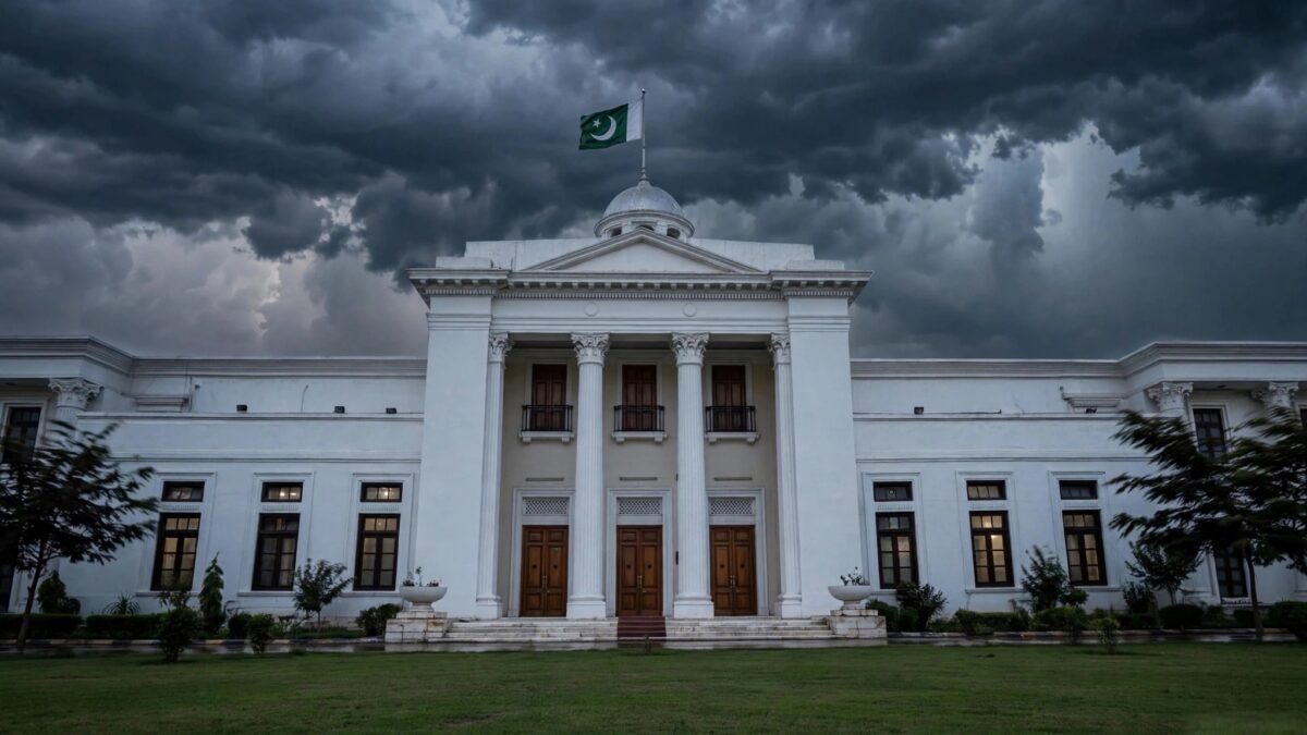 Editorial illustration of a provincial assembly building in Peshawar under stormy skies, symbolising the constitutional standoff between Khyber Pakhtunkhwa's chief minister and governor