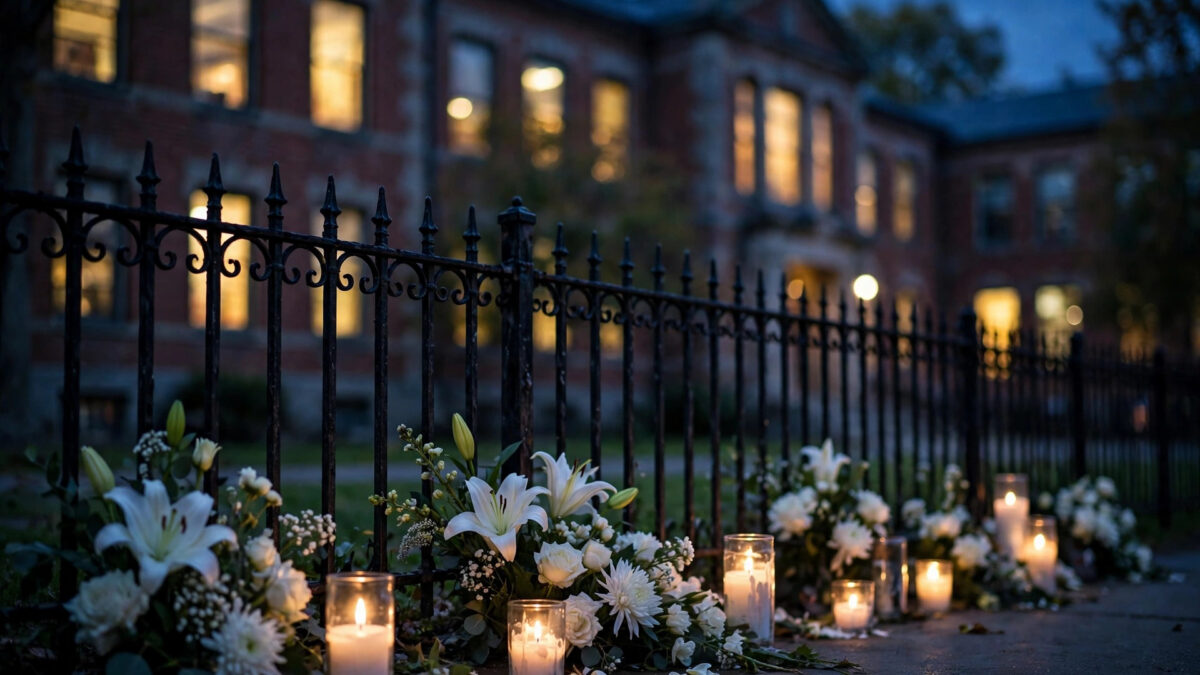 Lit candles and white flowers laid along a school fence at dusk, a memorial for the victims of the Bend, Oregon school shooting, October 2026.
