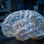 A translucent human brain glowing with threads of blue light in a dark laboratory, illustrating optogenetics — the 2026 Nobel Prize-winning technique that switches nerve cells on and off with light.