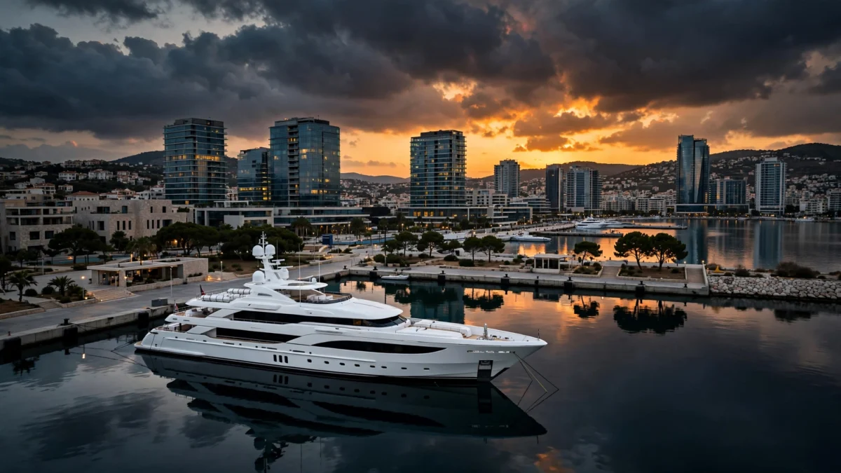 Superyacht anchored in a Cyprus harbour at dusk with modern office towers behind, symbolising offshore finance