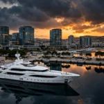 Superyacht anchored in a Cyprus harbour at dusk with modern office towers behind, symbolising offshore finance