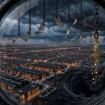 Editorial illustration of the AI debt wave: glowing data centres seen through a magnifying glass, chains and IOU papers in a stormy sky, gold coins falling into a dark pit