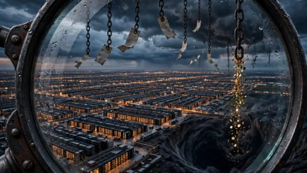 Editorial illustration of the AI debt wave: glowing data centres seen through a magnifying glass, chains and IOU papers in a stormy sky, gold coins falling into a dark pit