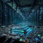 A data center corridor with a glowing AI chip on a circuit board, illustrating the debt-funded AI buildout
