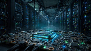 A data center corridor with a glowing AI chip on a circuit board, illustrating the debt-funded AI buildout