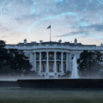 The White House at dawn with a glowing neural-network brain motif in the sky, symbolising the new US federal AI task force.