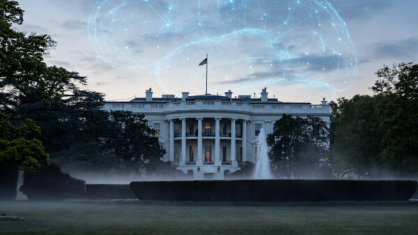 The White House at dawn with a glowing neural-network brain motif in the sky, symbolising the new US federal AI task force.
