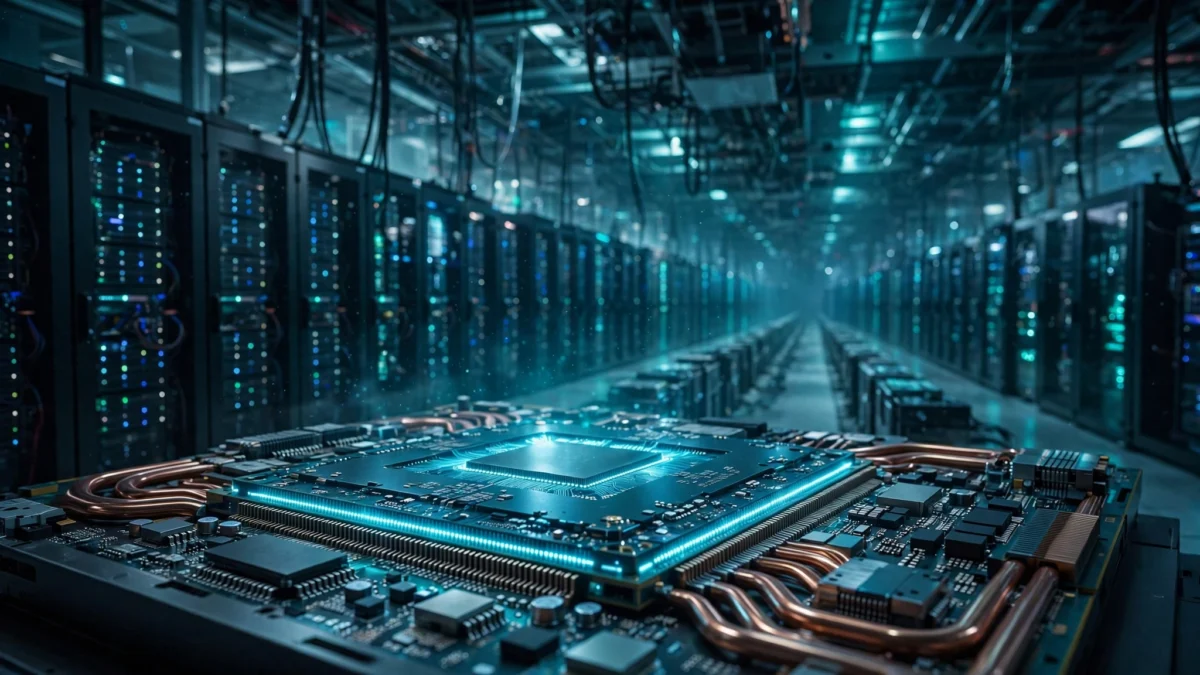 Server racks in a modern AI data centre with a glowing graphics processing unit chip in the foreground.
