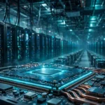 Server racks in a modern AI data centre with a glowing graphics processing unit chip in the foreground.