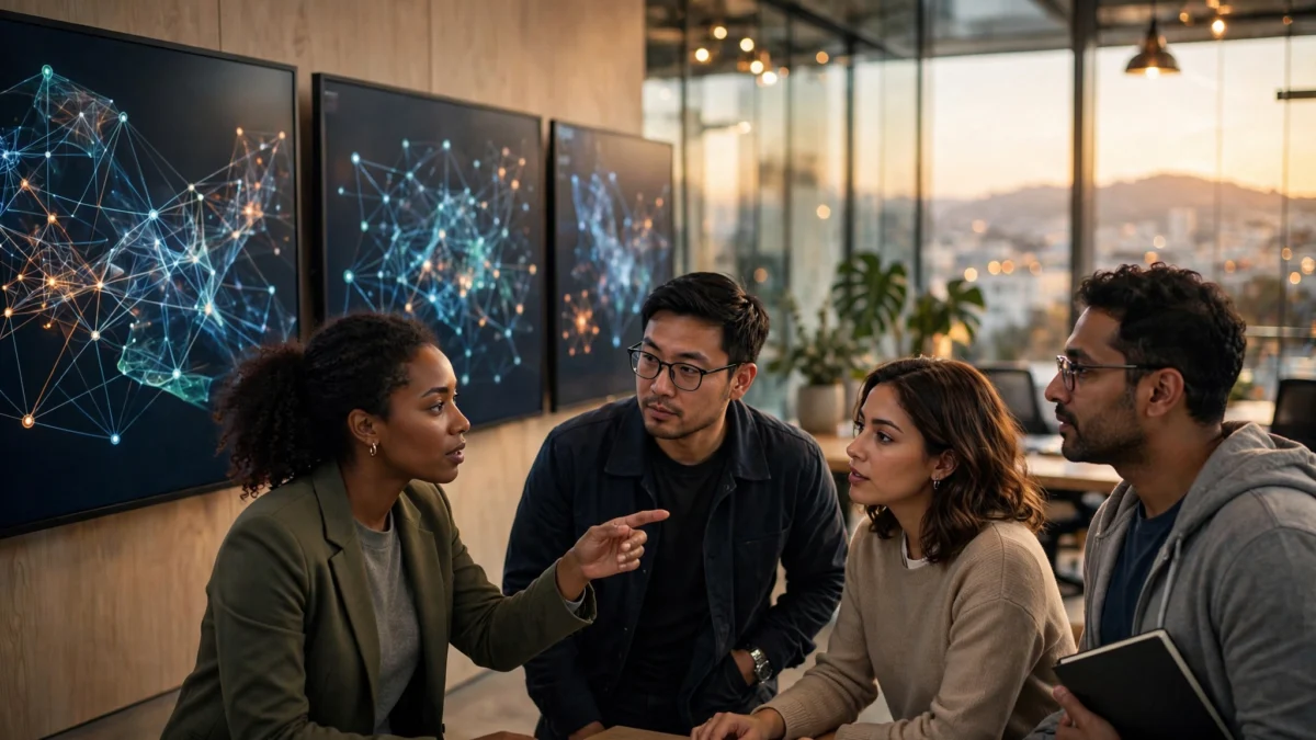 Software engineers collaborating in a modern AI training office with neural network diagrams on large screens