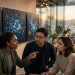Software engineers collaborating in a modern AI training office with neural network diagrams on large screens