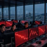 Traders watch red plunging stock charts on screens in a Seoul trading floor during the Asian market sell-off on October 13, 2026