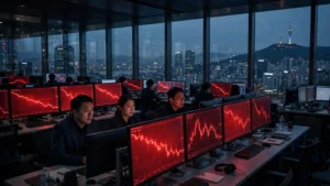 Traders watch red plunging stock charts on screens in a Seoul trading floor during the Asian market sell-off on October 13, 2026