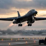 A US Air Force B-1B Lancer bomber taking off from RAF Fairford in England at dawn