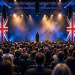 A speaker silhouetted at a podium in a packed conference hall flanked by Union Jack flags, representing Kemi Badenoch's keynote at the Conservative Party conference in Birmingham