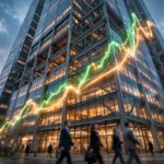 Glass-and-steel Wall Street bank headquarters at dawn with a glowing stock chart climbing across its facade as business people walk past