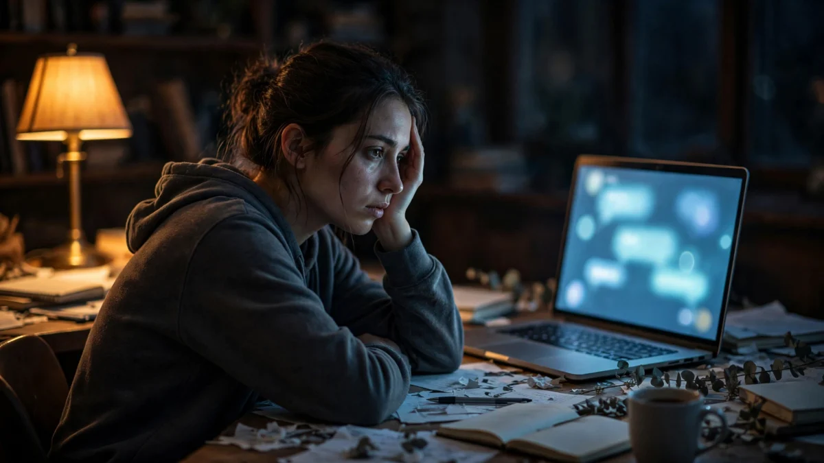 Photorealistic editorial photo of a person at a desk staring at a glowing laptop chat window, head in hand, surrounded by scattered notebooks — a visual metaphor for fading concentration after AI help is removed