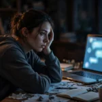 Photorealistic editorial photo of a person at a desk staring at a glowing laptop chat window, head in hand, surrounded by scattered notebooks — a visual metaphor for fading concentration after AI help is removed